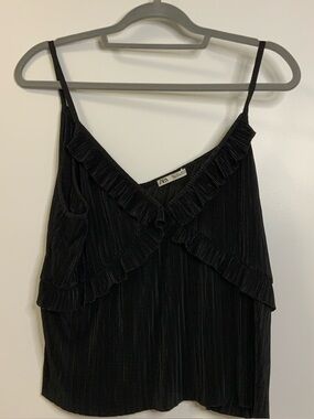 Zara Black Pleated Ruffle V-Neck Cami Top size L